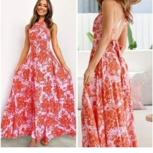 Anthropologie Abel The Label Halter Maxi Floral Crochet Pink Orange XS - Picture 15 of 16